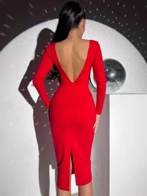 Elegant Red Backless Bandage Midi Dress