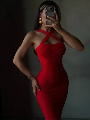 Red Halter Ribbed Midi Bodycon Party Dress