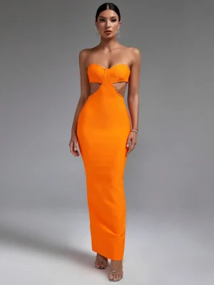 Orange Strapless Backless Maxi Dress