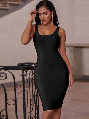 Black Spaghetti Strap Bodycon Knee Dress