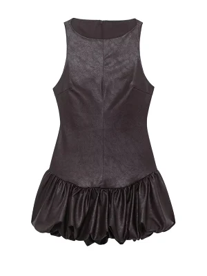 Women’s Faux Leather O-Neck Mini Dress