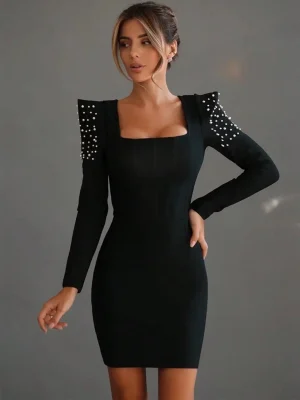 Elegant Black Pearl-Embellished Bodycon Dress