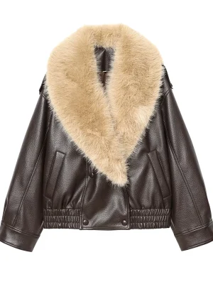 Women’s Vintage Faux Leather Fur Collar Jacket