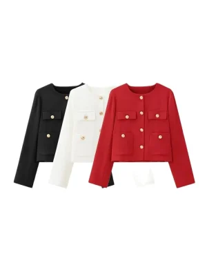 Elegant O-Neck Cropped Button Jacket