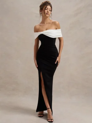 Elegant Black & White Off-Shoulder Maxi Dress