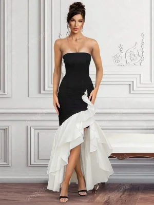Black & White Strapless Bandage Cocktail Midi Dress