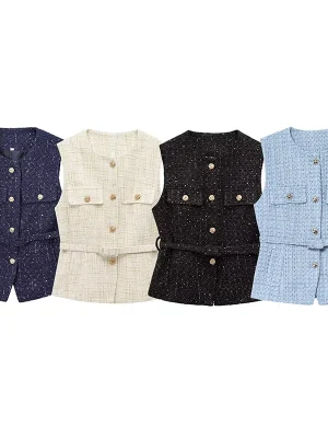 Belted Tweed Sleeveless Vest for Women