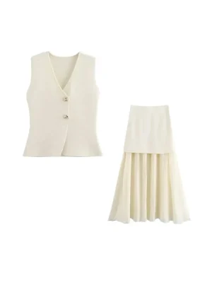 Golden Button Knit Skirt Set