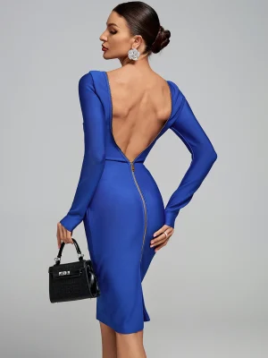 Elegant Blue Backless Bandage Midi Dress