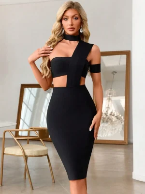 Elegant Black One-Shoulder Cut-Out Midi Dress