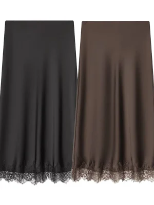 High-Waist Satin Midi Skirt with Lace for Women