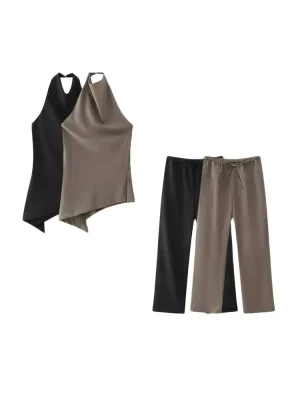 Pleated Halter & Straight Pants Set