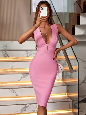 Pink Draped Bodycon Maxi Party Dress