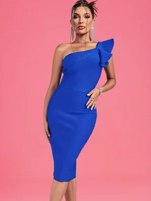 Elegant Blue One-Shoulder Bandage Midi Dress
