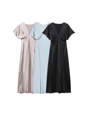 Fitted Satin V-Neck Midi Dress