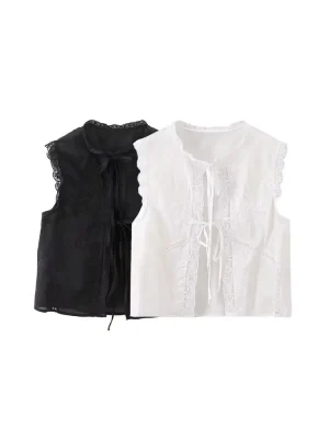 Women’s Lace Embroidery Sleeveless Tie-Front Blouse