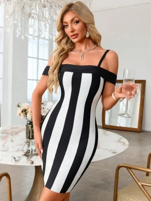 Black & White Off-Shoulder Bodycon Midi Dress