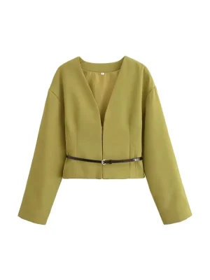 Women’s Fitted Belted V-Neck Blazer Coat