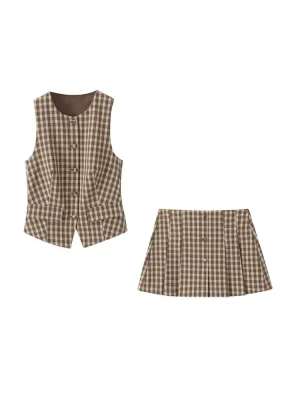Women’s Checkered Waistcoat Top & Pleated Skort Two-Piece Set