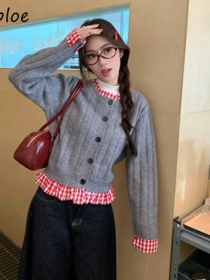 Korean Style Plaid Panel Knit Cardigan for Women