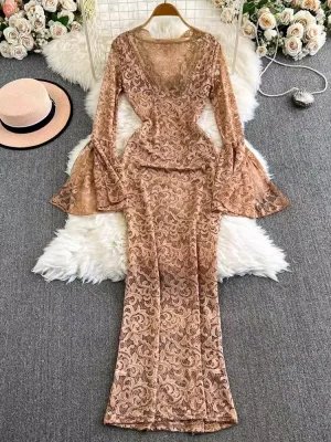 Elegant V-Neck Lace Dress for Women