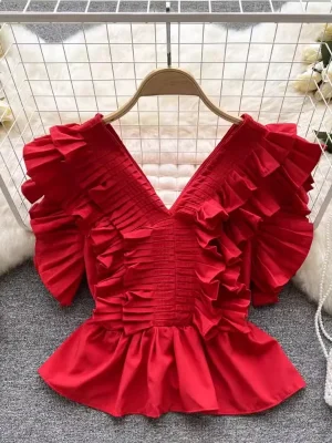 Elegant Ruched Ruffle Summer Blouse