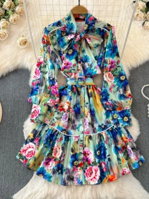 Printed Belted A-Line Dress