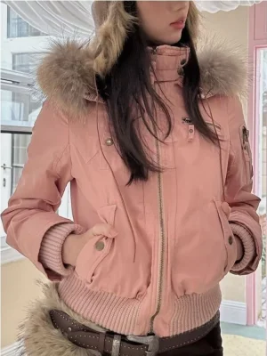 Vintage Fur Trim Cropped Hoodie