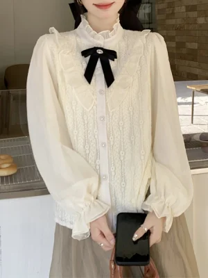 Lace Ruffle Blouse Vintage Elegant Bow Top