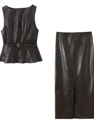 Women’s Faux Leather Vest & Midi Skirt Set