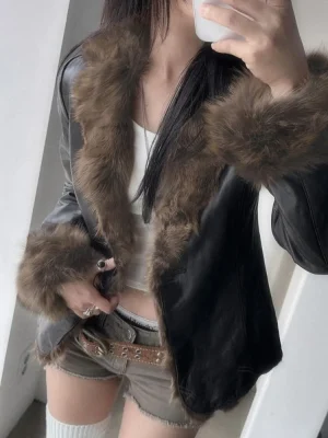 Vintage PU Leather Fur Patchwork Jacket