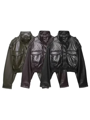 Women’s Faux Leather Moto Jacket Zip Front Pockets