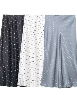 Women’s Polka Dot Satin Midi Skirt Elastic Waist