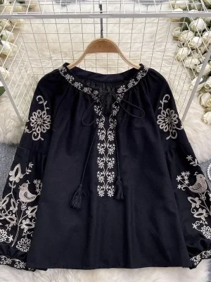 Vintage Embroidered Tassel Women’s Blouse