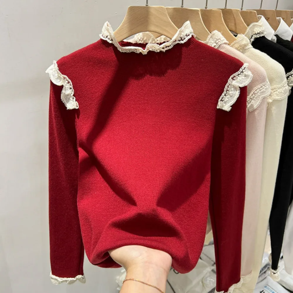 Korean Chic Lace Patchwork Knit Top - Image 4