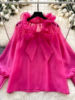 Elegant French Style Lace-Up Ruffle Blouse for Women