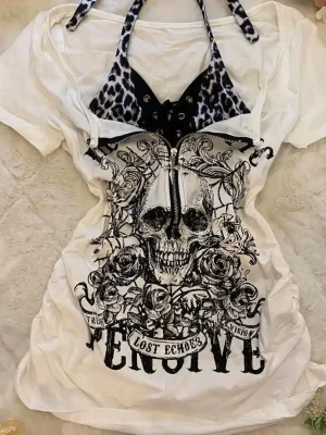 Vintage Skeleton Patchwork Halter Top