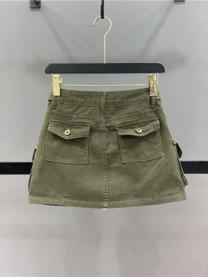 Vintage Army Green High-Waist Denim Skirt