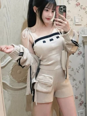 Women’s Knit Cardigan & High Waist Shorts Set