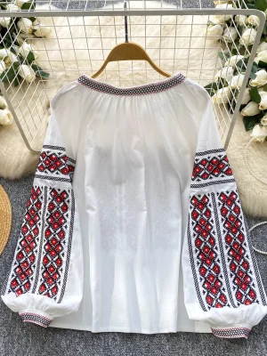 Vintage Embroidered Lantern Sleeve Blouse