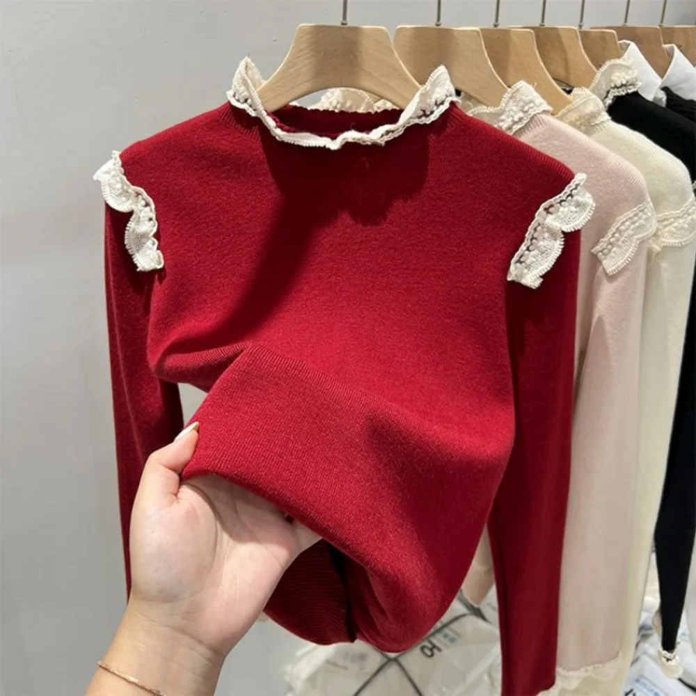 Korean Chic Lace Patchwork Knit Top - Image 3