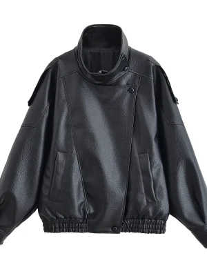Women Black Faux Leather Turtleneck Moto Jacket