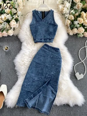 French Style Denim Vest & Skirt Set