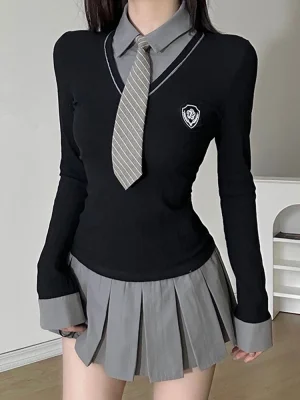 Vintage Pleated Fake Two Piece Shirt Dress