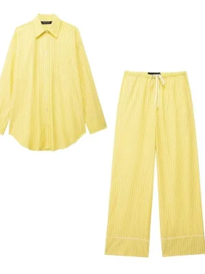 Women’s Yellow Stripe Blouse & Drawstring Pants Set