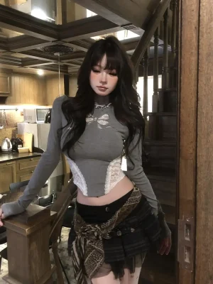 Lace Patchwork Long Sleeve Goth Top