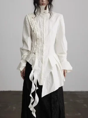 Women’s Asymmetric Ruffle Lace-Up Blouse