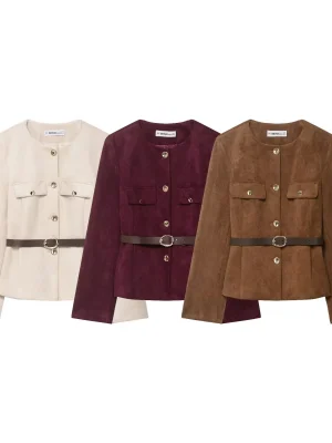 Women’s Suede Blazer Belted Long Sleeve Jacket