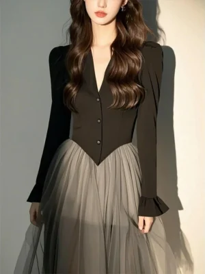 Elegant Vintage Patchwork Mesh Dress for Women