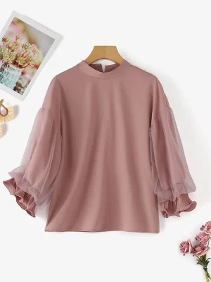 Women’s Mesh Ruffle Stand Collar Blouse
